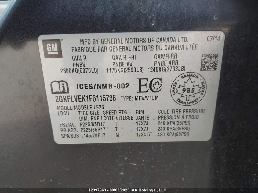2GKFLVEK1F6115736 2015 GMC TERRAIN photo no. 9
