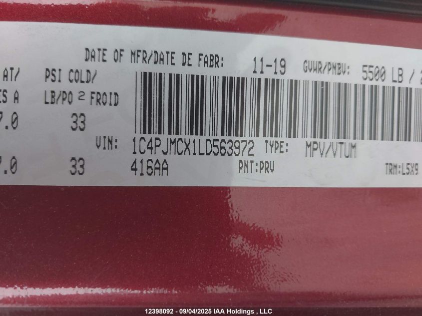 2020 Jeep Cherokee Latitude VIN: 1C4PJMCX1LD563972 Lot: 12398092