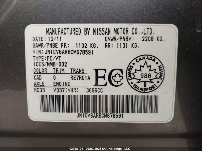 2012 Infiniti G37 VIN: JN1CV6AR8CM678591 Lot: 12398121