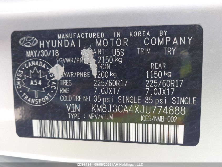 2018 Hyundai Tucson Se 2.0L VIN: KM8J3CA4XJU774888 Lot: 12398134
