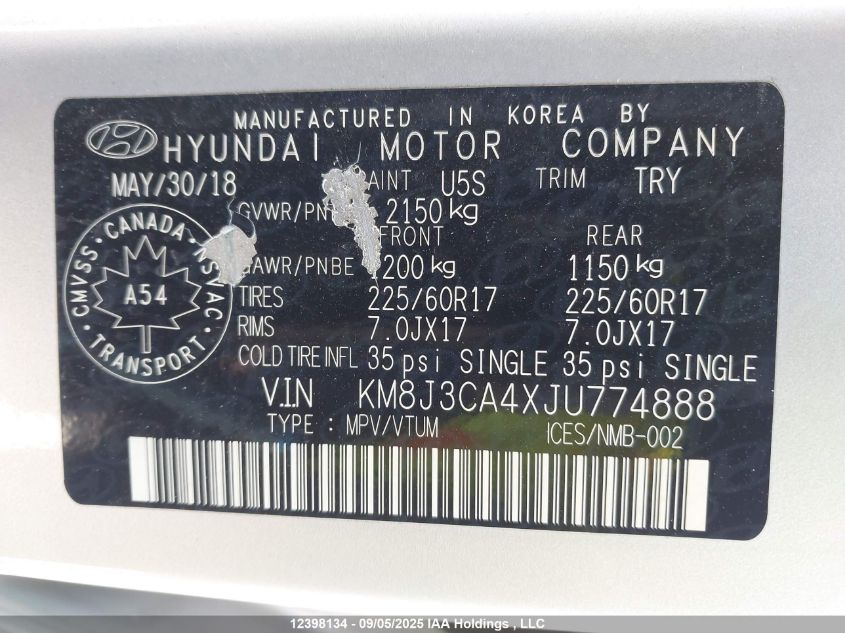 2018 Hyundai Tucson Se 2.0L VIN: KM8J3CA4XJU774888 Lot: 12398134