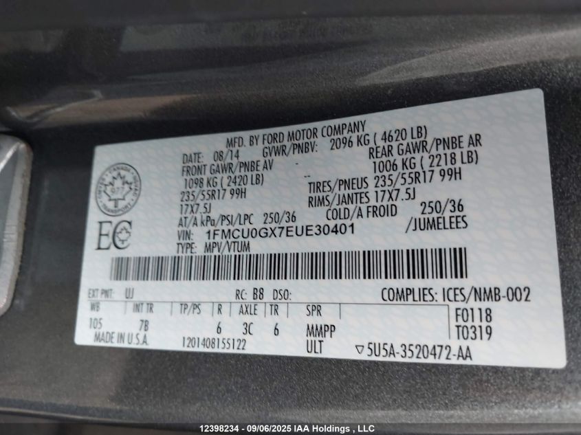 2014 Ford Escape Se VIN: 1FMCU0GX7EUE30401 Lot: 12398234