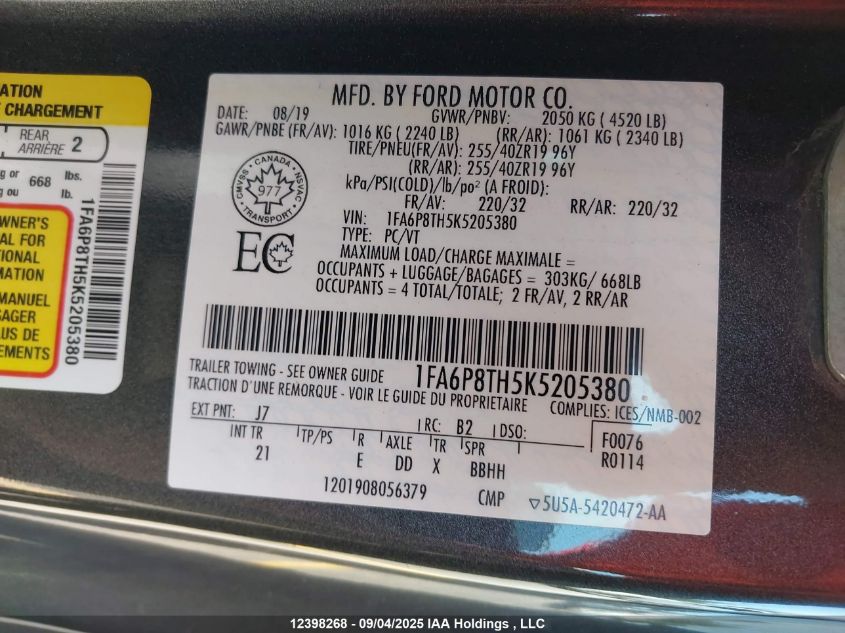 2019 Ford Mustang VIN: 1FA6P8TH5K5205380 Lot: 12398268