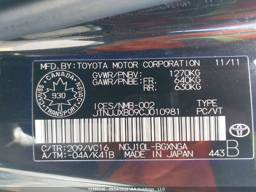 2012 Toyota Scion Iq VIN: JTNJJXB09CJ010981 Lot: 12398338