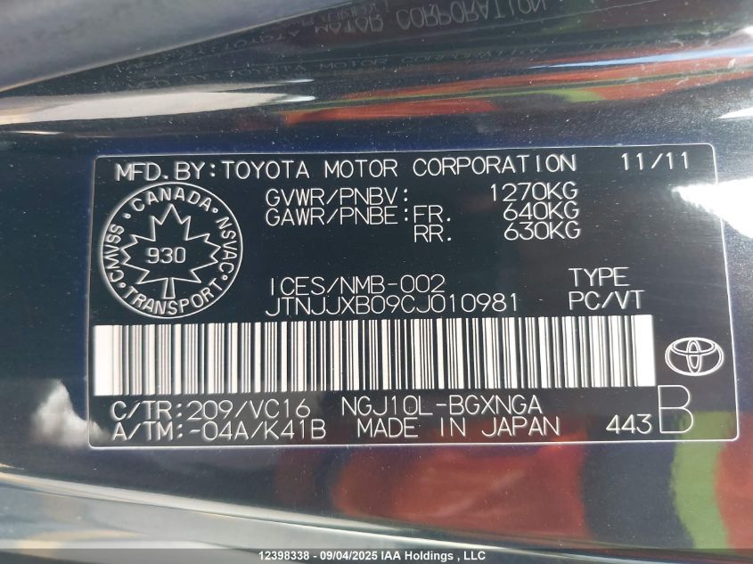 2012 Toyota Scion Iq VIN: JTNJJXB09CJ010981 Lot: 12398338