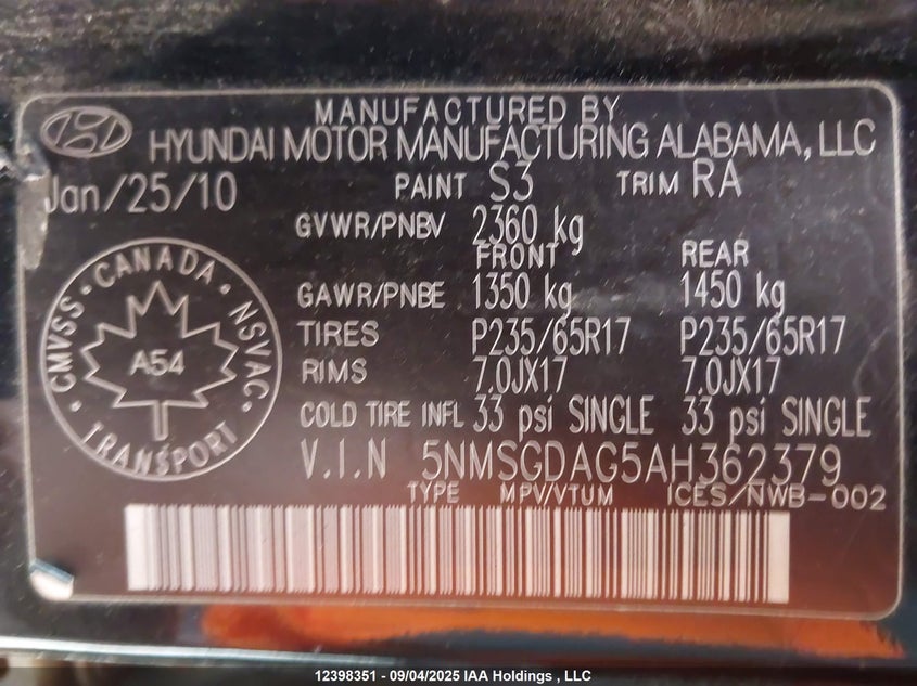 2010 Hyundai Santa Fe Gls VIN: 5NMSGDAG5AH362379 Lot: 12398351