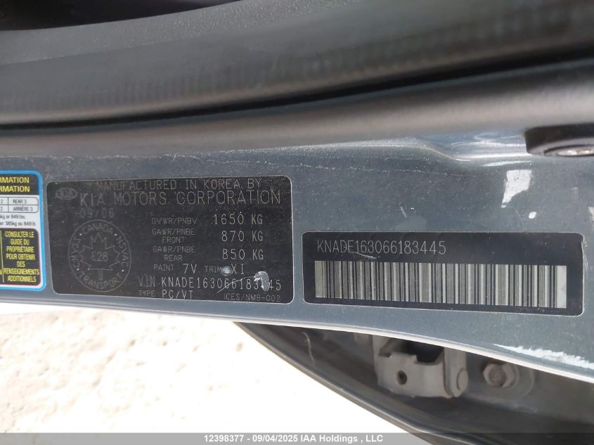 2006 Kia Rio 5 VIN: KNADE163066183445 Lot: 12398377