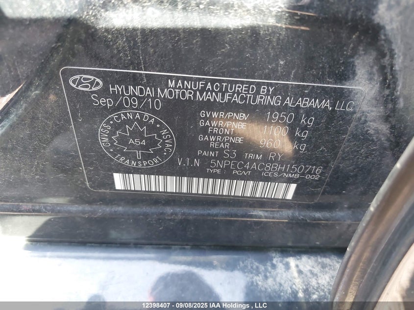 5NPEC4AC8BH150716 2011 HYUNDAI SONATA photo no. 9