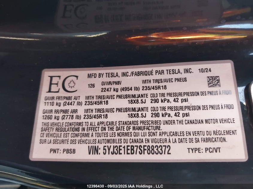 2025 Tesla Model 3 Long Range VIN: 5YJ3E1EB7SF883372 Lot: 12398430