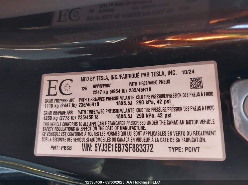 2025 Tesla Model 3 Long Range VIN: 5YJ3E1EB7SF883372 Lot: 12398430