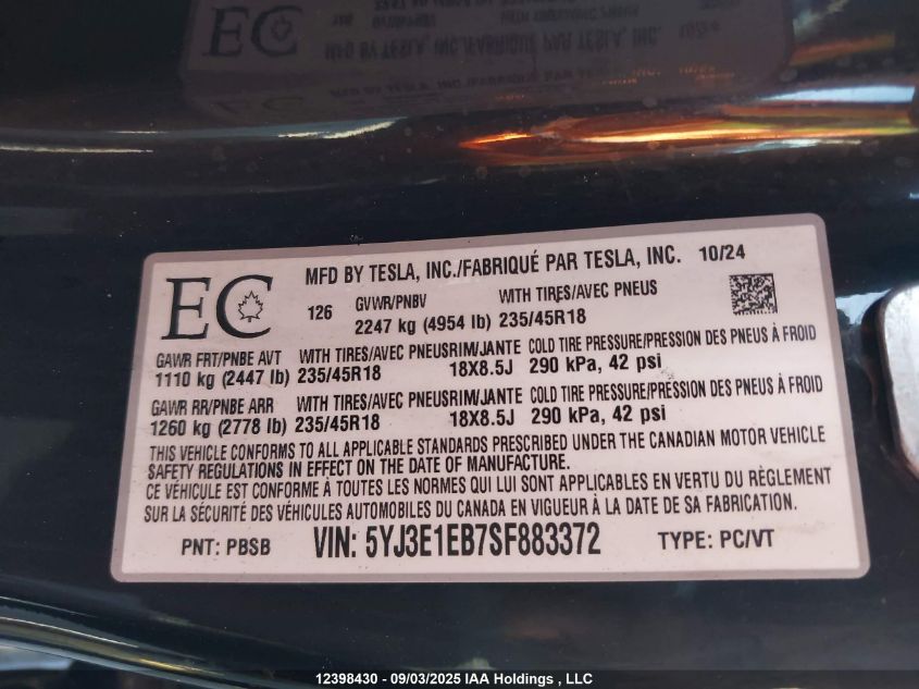 2025 Tesla Model 3 Long Range VIN: 5YJ3E1EB7SF883372 Lot: 12398430