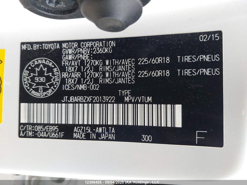 JTJBARBZXF2013922 2015 LEXUS NX photo no. 9