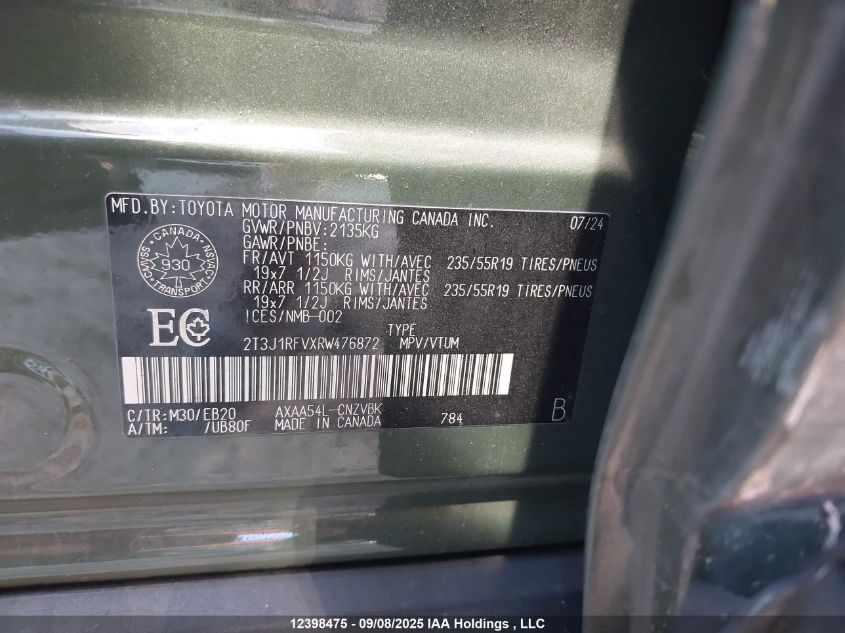 2024 Toyota Rav4 Trail VIN: 2T3J1RFVXRW476872 Lot: 12398475