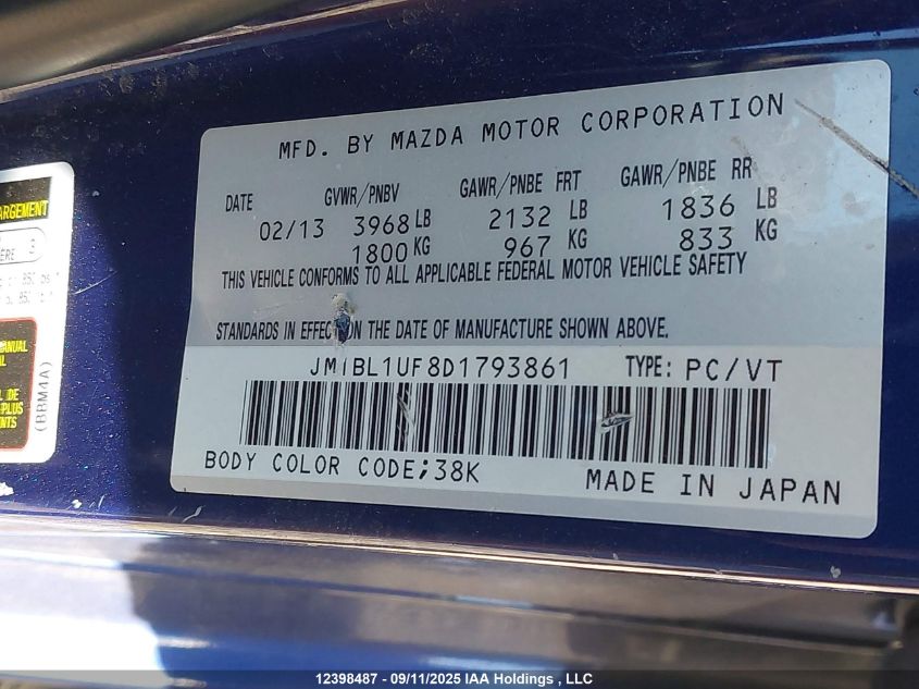 2013 Mazda 3 I VIN: JM1BL1UF8D1793861 Lot: 12398487