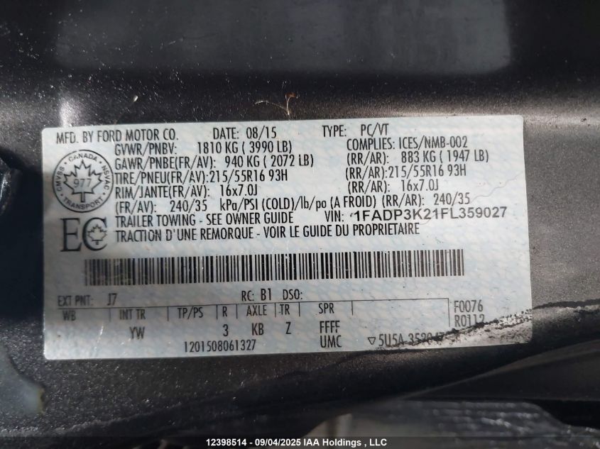 2015 Ford Focus Se VIN: 1FADP3K21FL359027 Lot: 12398514