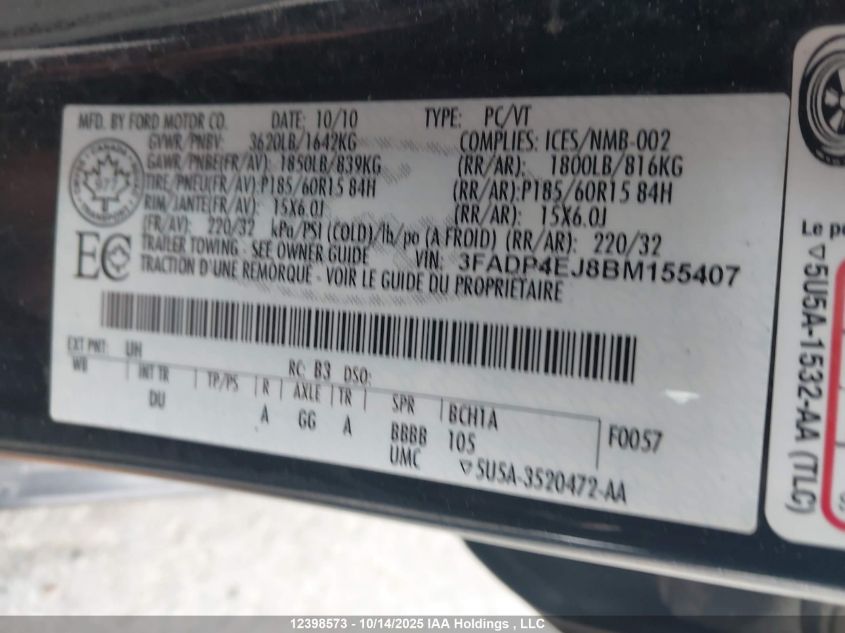 2011 Ford Fiesta Se VIN: 3FADP4EJ8BM155407 Lot: 12398573