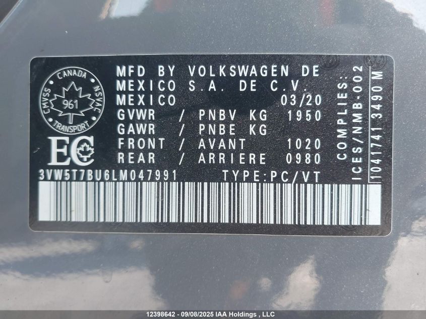 2020 Volkswagen Jetta Gli VIN: 3VW5T7BU6LM047991 Lot: 12398642