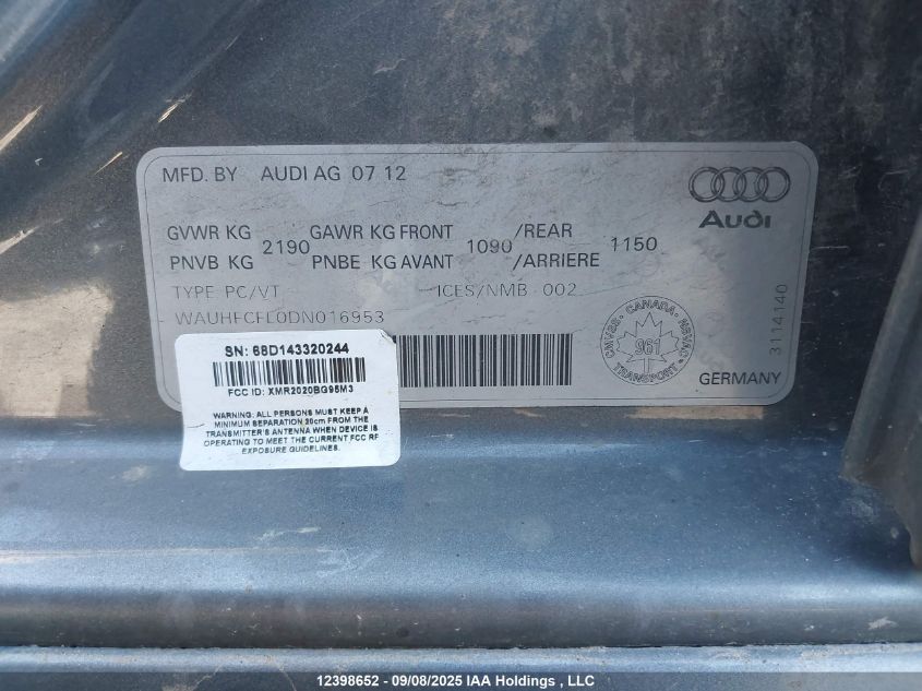 2013 Audi A4 Premium Plus VIN: WAUHFCFL0DN016953 Lot: 12398652