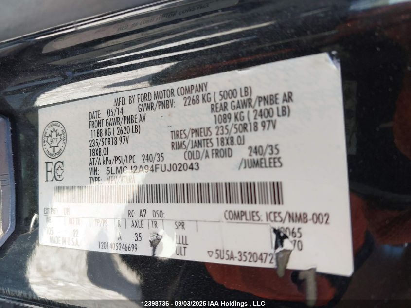 2015 Lincoln Mkc VIN: 5LMCJ2A94FUJ02043 Lot: 12398736