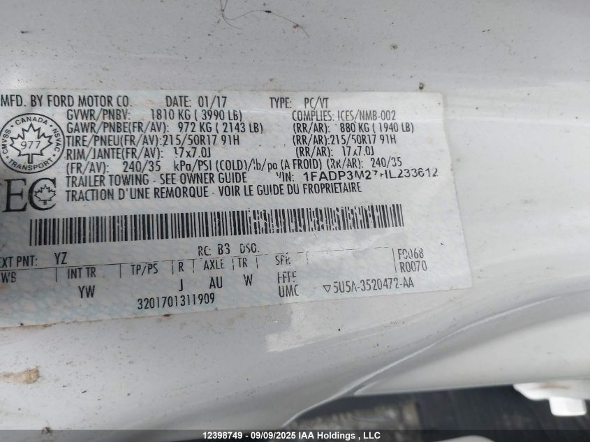 2017 Ford Focus Sel VIN: 1FADP3M27HL233612 Lot: 12398749