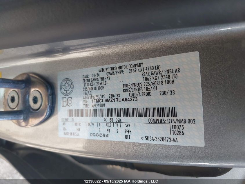 2024 Ford Escape St Line VIN: 1FMCU9MZ1RUA64273 Lot: 12398822