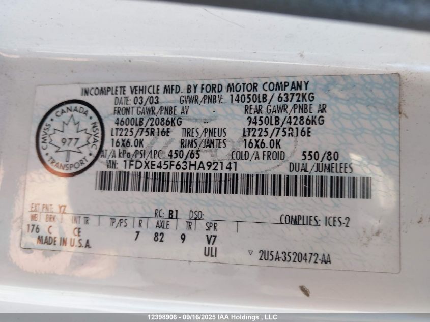 2003 Ford Econoline E450 Super Duty Cutwy Van VIN: 1FDXE45F63HA92141 Lot: 12398906