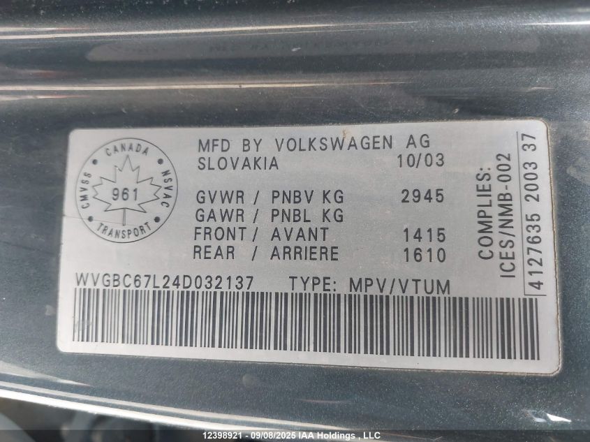 2004 Volkswagen Touareg 3.2 VIN: WVGBC67L24D032137 Lot: 12398921