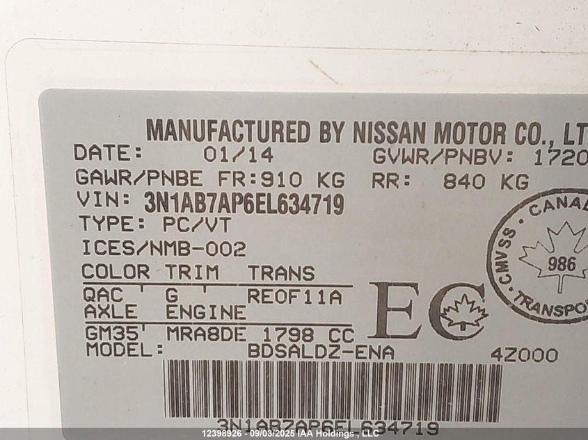 3N1AB7AP6EL634719 2014 NISSAN SENTRA photo no. 9