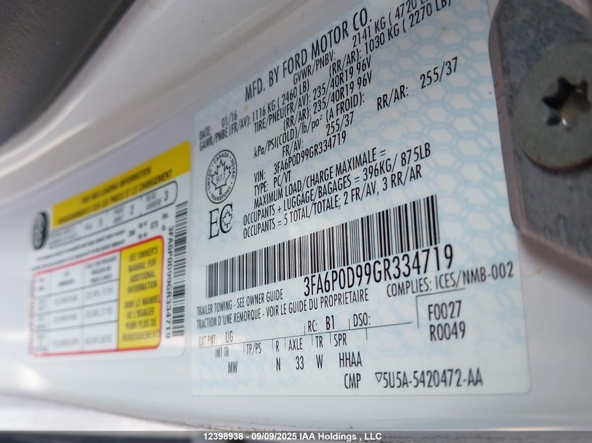 3FA6P0D99GR334719 2016 FORD FUSION photo no. 9