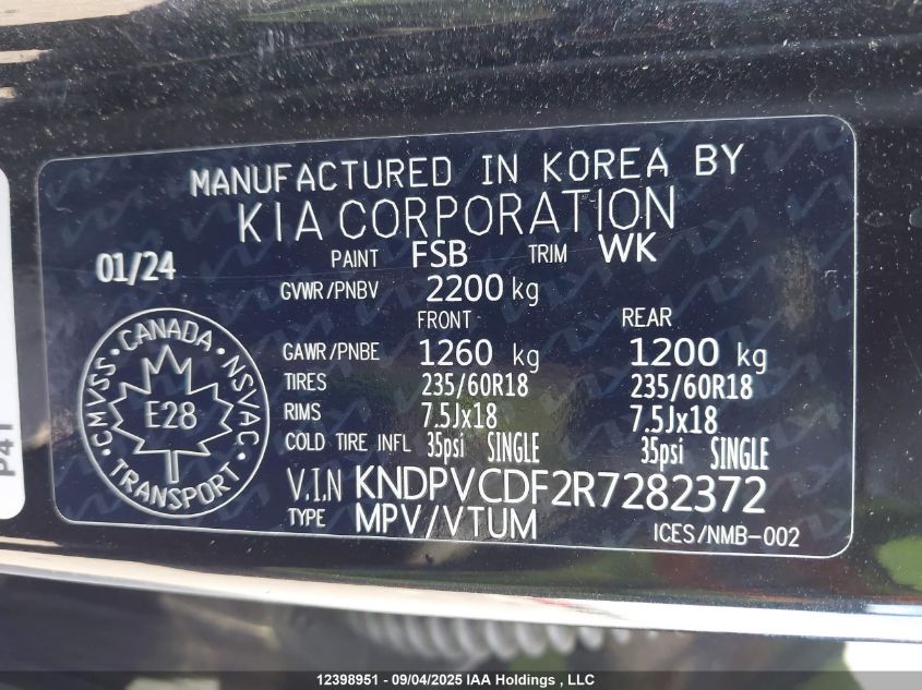 2024 Kia Sportage Ex/Ex Premium W/Black Interior/Ex Premium W/Red Interior VIN: KNDPVCDF2R7282372 Lot: 12398951