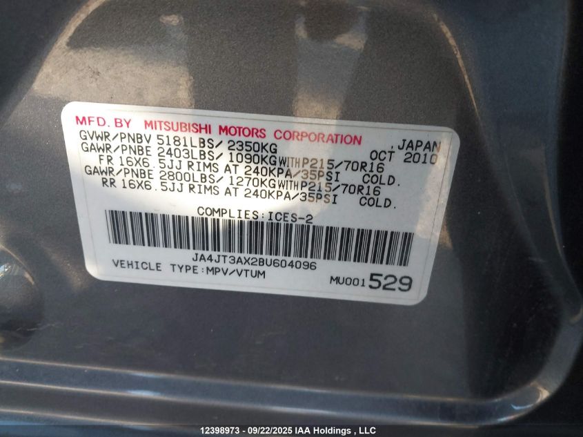 2011 Mitsubishi Outlander Se VIN: JA4JT3AX2BU604096 Lot: 12398973