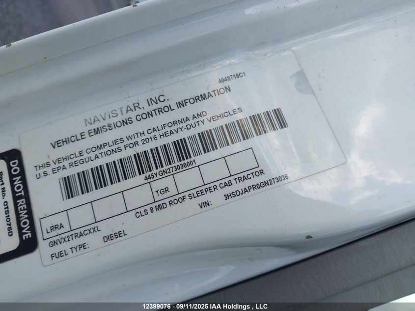 2016 International Prostar VIN: 3HSDJAPR0GN273036 Lot: 12399076
