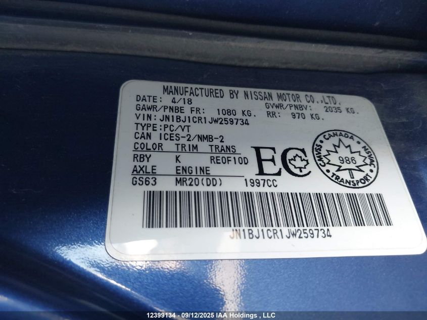 2018 Nissan Qashqai S/Sl/Sv VIN: JN1BJ1CR1JW259734 Lot: 12399134