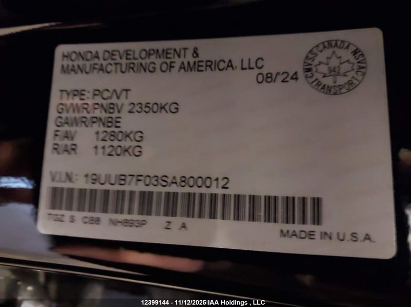 2025 Acura Tlx Type S VIN: 19UUB7F03SA800012 Lot: 12399144