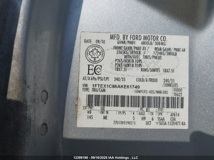 2010 Ford F-150 Xlt VIN: 1FTEX1C86AKE61749 Lot: 12399198