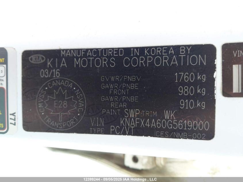2016 Kia Forte 1.8L Lx/1.8L Lx+ VIN: KNAFX4A60G5619000 Lot: 12399244