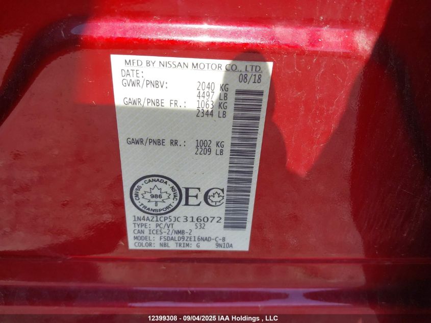 2018 Nissan Leaf S/Sl/Sv VIN: 1N4AZ1CP5JC316072 Lot: 12399308