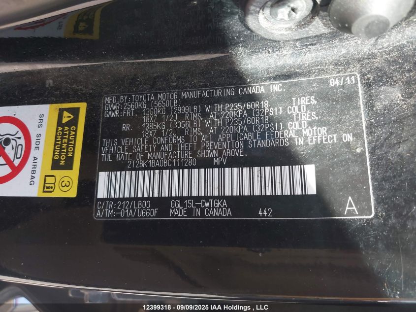 2011 Lexus Rx 350 VIN: 2T2BK1BA0BC111280 Lot: 12399318