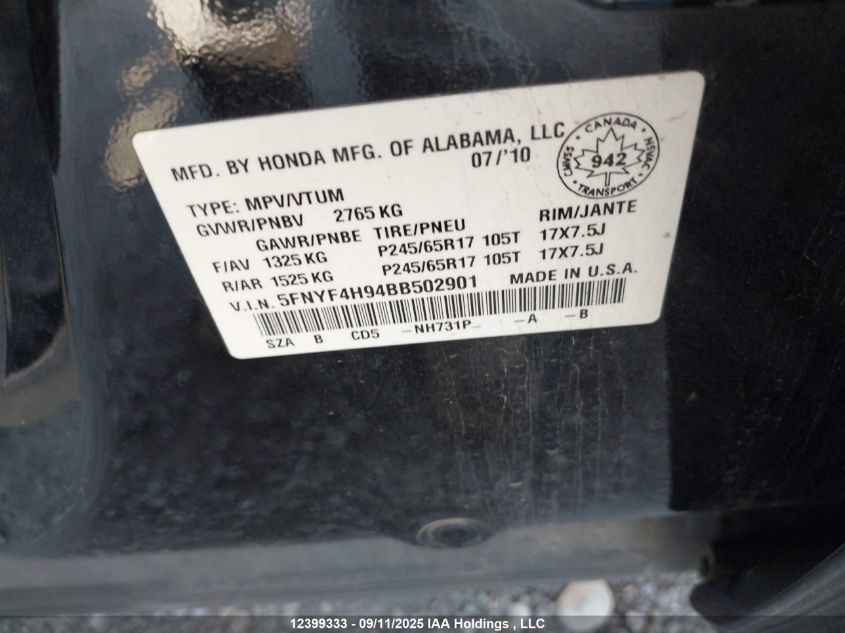 2011 Honda Pilot VIN: 5FNYF4H94BB502901 Lot: 12399333