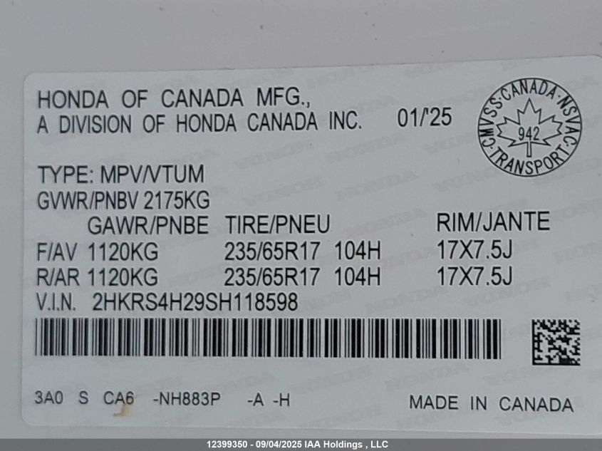 2025 Honda Cr-V Lx VIN: 2HKRS4H29SH118598 Lot: 12399350