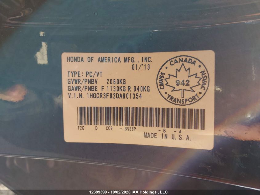 2013 Honda Accord Ex-L V6 VIN: 1HGCR3F82DA801354 Lot: 12399399