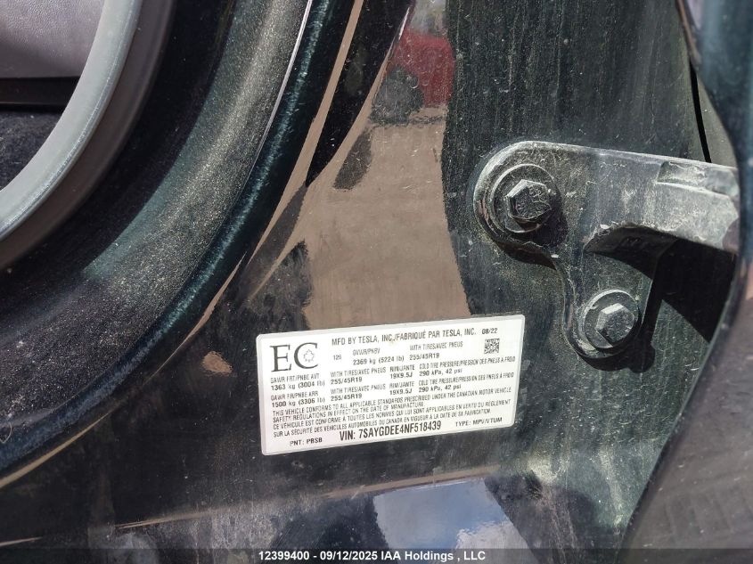 2022 Tesla Model Y Long Range VIN: 7SAYGDEE4NF518439 Lot: 12399400