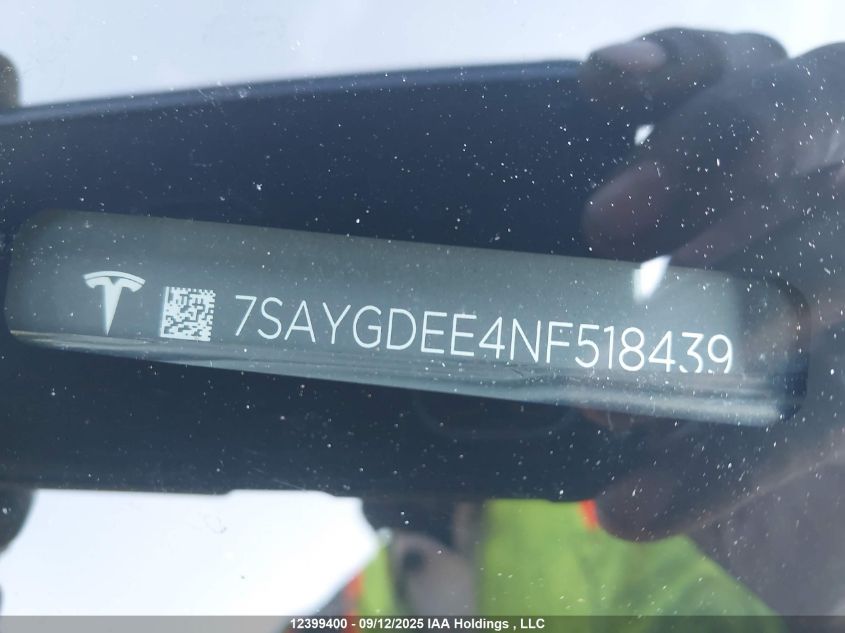 2022 Tesla Model Y Long Range VIN: 7SAYGDEE4NF518439 Lot: 12399400