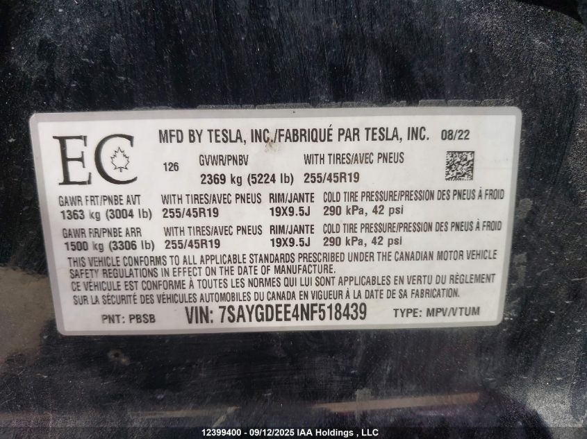 2022 Tesla Model Y Long Range VIN: 7SAYGDEE4NF518439 Lot: 12399400