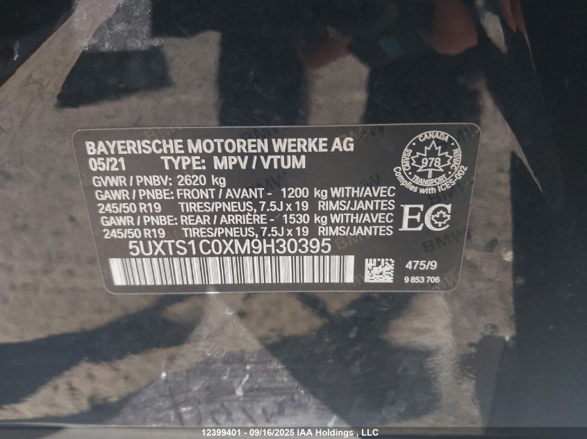 2021 BMW X3 xDrive30E VIN: 5UXTS1C0XM9H30395 Lot: 12399401