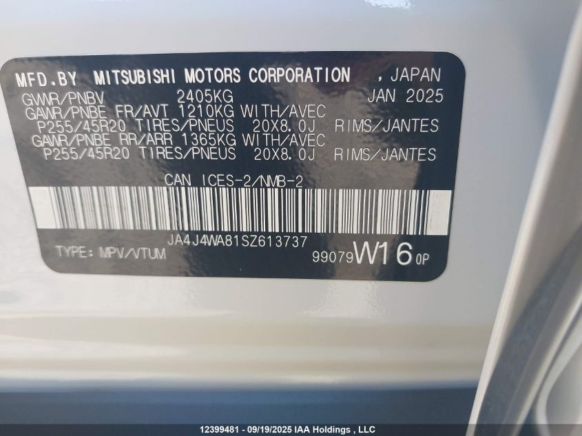 2025 Mitsubishi Outlander Sel VIN: JA4J4WA81SZ613737 Lot: 12399481