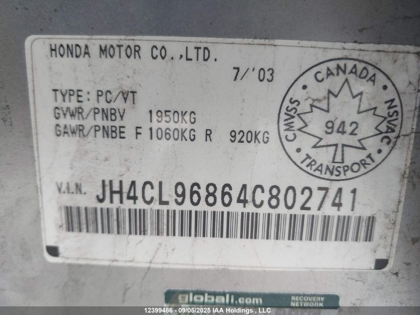 2004 Acura Tsx VIN: JH4CL96864C802741 Lot: 12399486