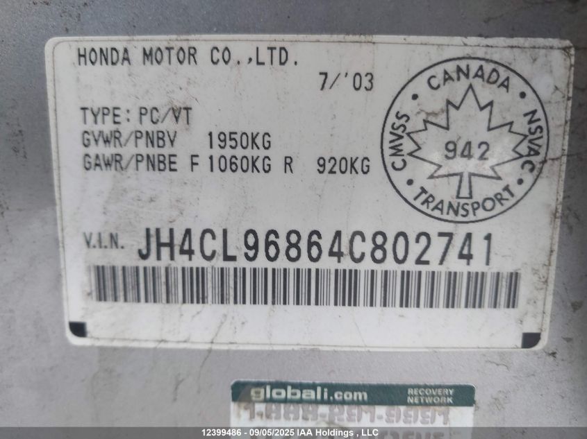 2004 Acura Tsx VIN: JH4CL96864C802741 Lot: 12399486