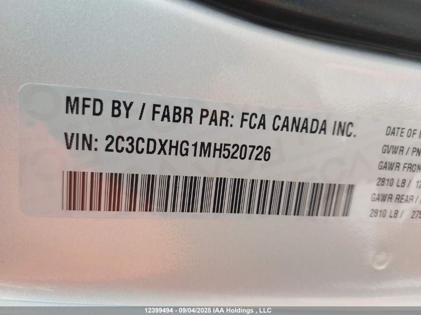 2021 Dodge Charger Gt VIN: 2C3CDXHG1MH520726 Lot: 12399494