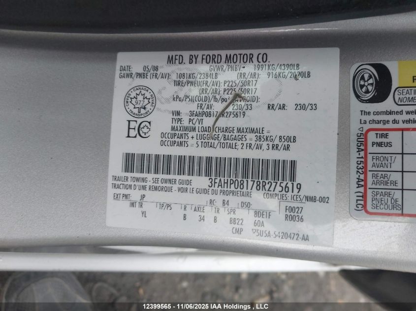 2008 Ford Fusion Sel VIN: 3FAHP08178R275619 Lot: 12399565